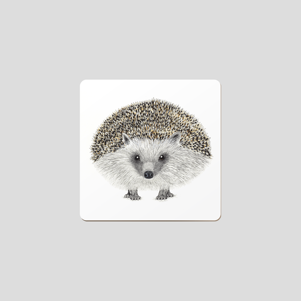 Drawing of a hedge hog on white background. A coaster made of beech with a animal motif.